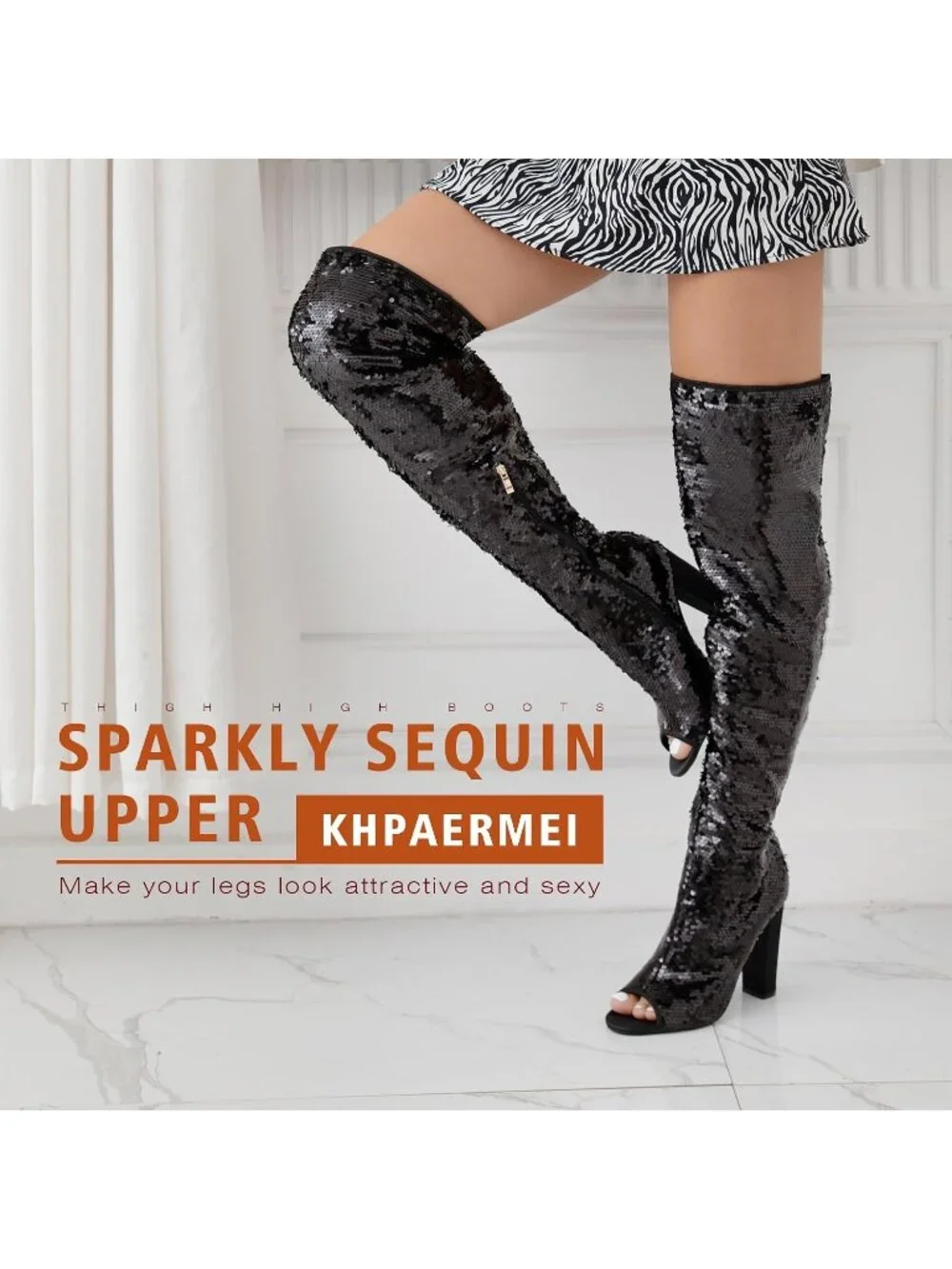 Women's Black Chunky High Heels Open Toe Sequin Over The Knee Thigh High Boots